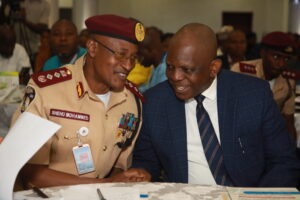 From Left, Corps Marshal, Federal Road Safety Corps (FRSC), Shehu Mohammed and Executive Secretary/Chief Executive Officer, Nigerian Sippers’ Council, Mr Pius Akutah during a one-day sensitisation programme with theme; “Safe to Load on All Nigerian Roads”, in Lagos, on Wednesday