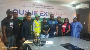 The Lagos State Commissioner for Agriculture and Food Systems, Ms Abisola Olusanya (middle); Commissioner, Lagos State Ministry of Information and Strategy, Mr Gbenga Omotoso (extreme Left)